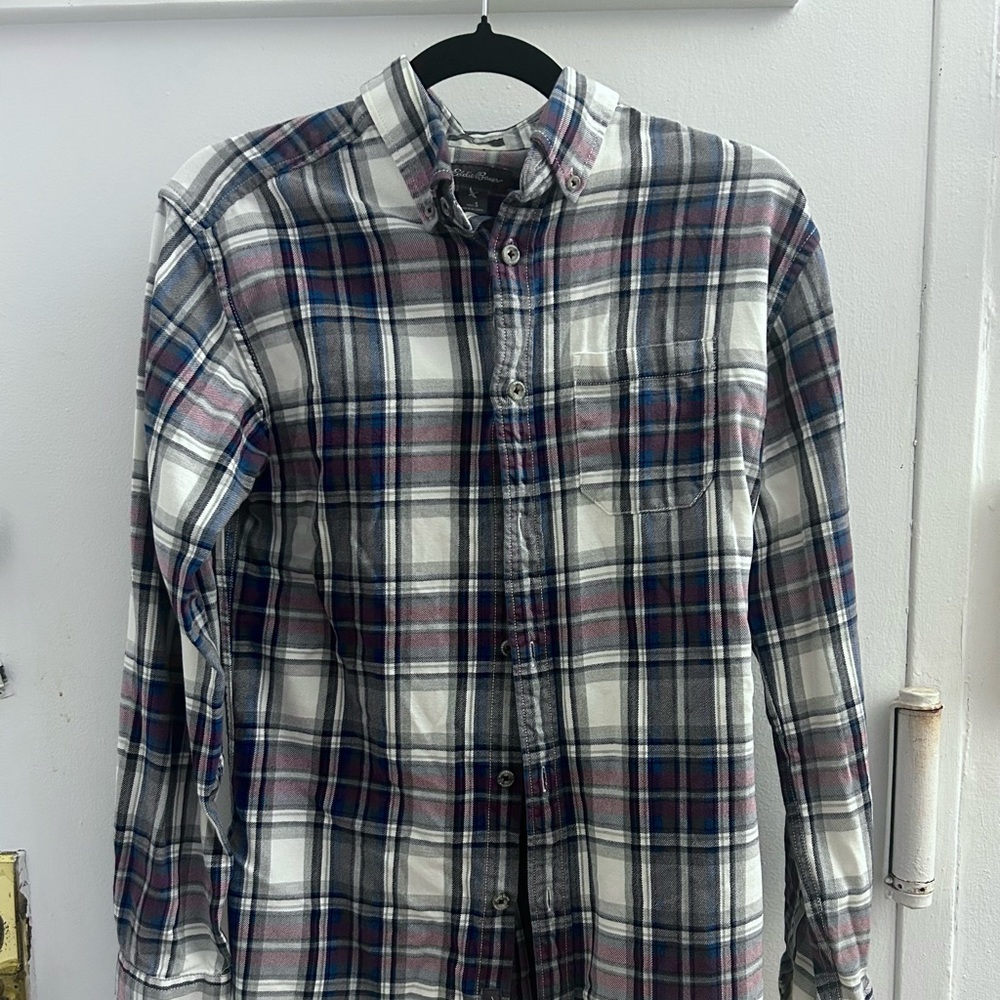 Eddie Bauer Plaid Button-Down Shirt - White, Blue & Burgundy